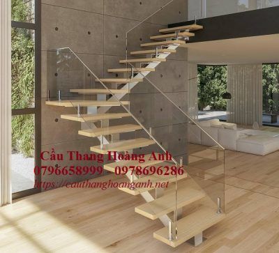 cầu thang xương cá đơn mặt bậc gỗ sồi hiện đại